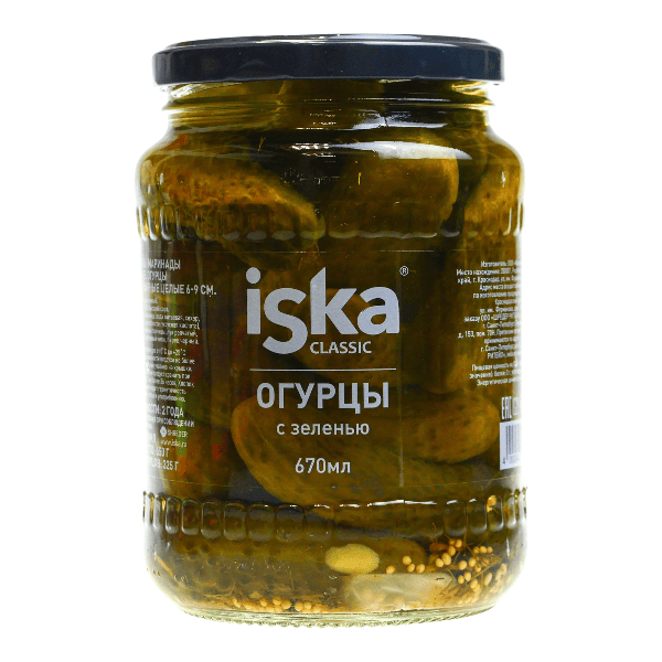 Фото Огурцы маринованные Иска с зеленью ГОСТ ст/б 670гр